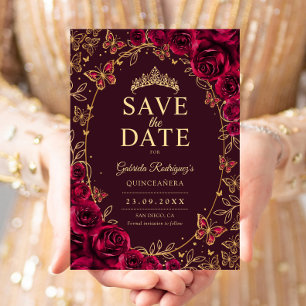Bourgondische Gouden Quinceanera Bloemen Save The Date