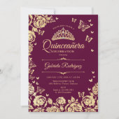 Bourgondische gouden Rozen Vlinders Quinceanera Kaart (Voorkant)