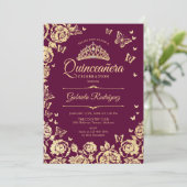 Bourgondische gouden Rozen Vlinders Quinceanera Kaart (Staand voorkant)