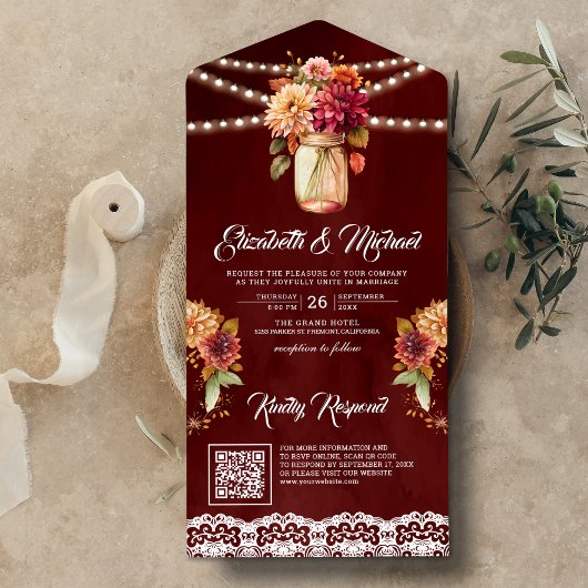 Bourgondische Herfst Dahlia Mason Jar QR Code Brui All In One Uitnodiging