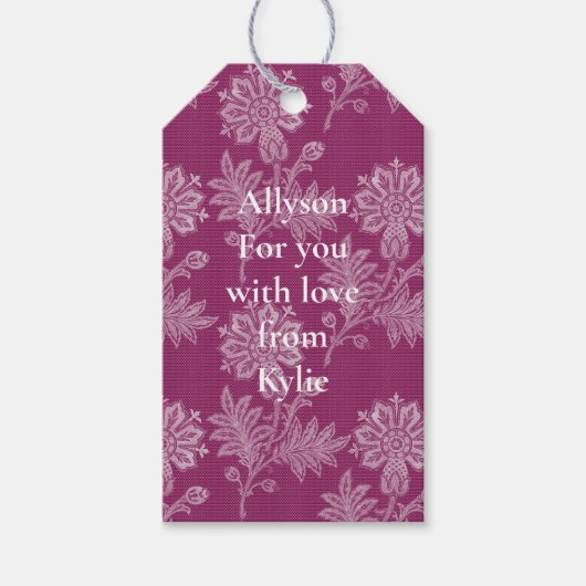 Bourgondische kanten bloemen bruiloftsfeest cadeaulabel (Voorkant)