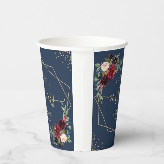 Bourgondische marine blauw bloemenbruid en bruideg papieren bekers (Rechts)