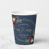 Bourgondische marine blauw bloemenbruid en bruideg papieren bekers (Voorkant)