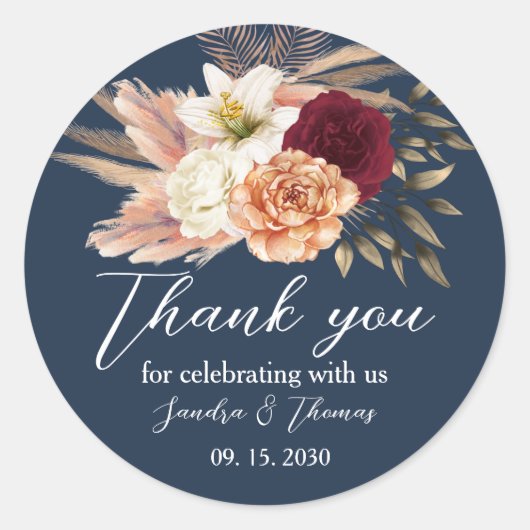 Bourgondische marine blauwe bruiloft dank u ronde sticker (Voorkant)