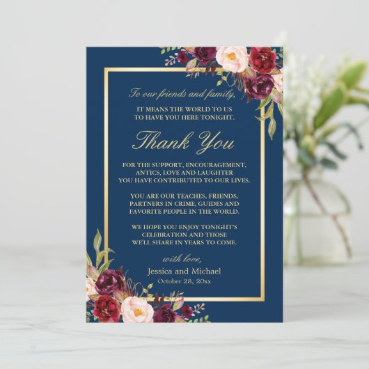 Bourgondische marine blauwe bruiloft plaats instel bedankkaart (Staand voorkant)