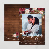 Bourgondische marine bloem- rustieke slingerlichte bedankkaart (Voorkant / Achterkant)