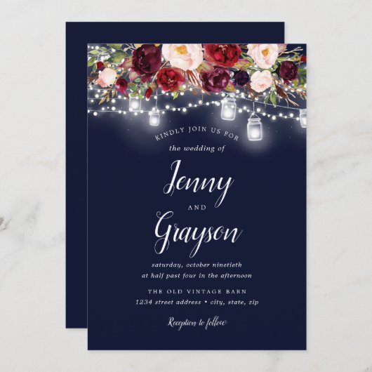 Bourgondische marine Bloemen Mason Jar Lights brui Kaart (Voorkant / Achterkant)