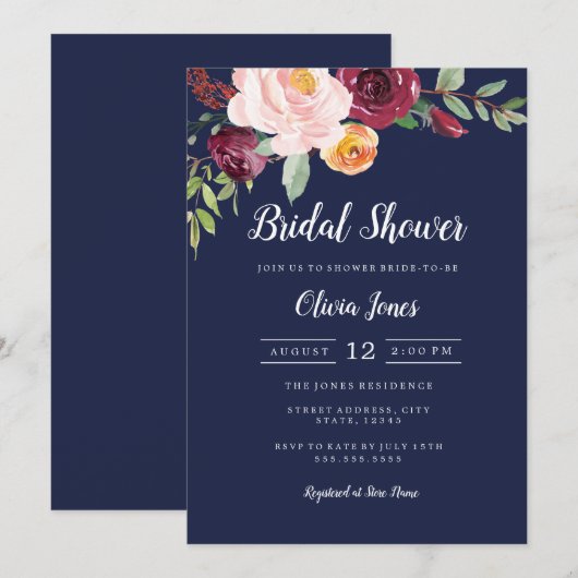 Bourgondische marine bloemenbruids douche uitnodig kaart (Voorkant / Achterkant)
