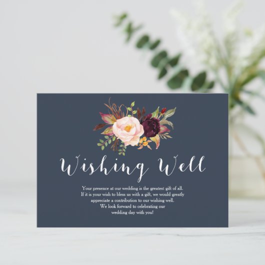Bourgondische marine bloemenbruiloft goed wensen informatiekaartje (Staand voorkant)