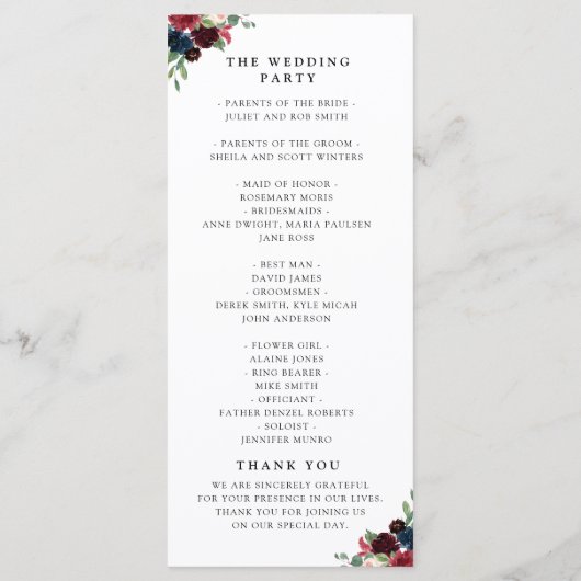 Bourgondische marine bloemenslinger bruiloft progr programma (Achterkant)