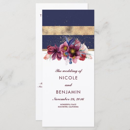 Bourgondische marine en gouden bloemen bruiloft pr programma (Voorkant / Achterkant)