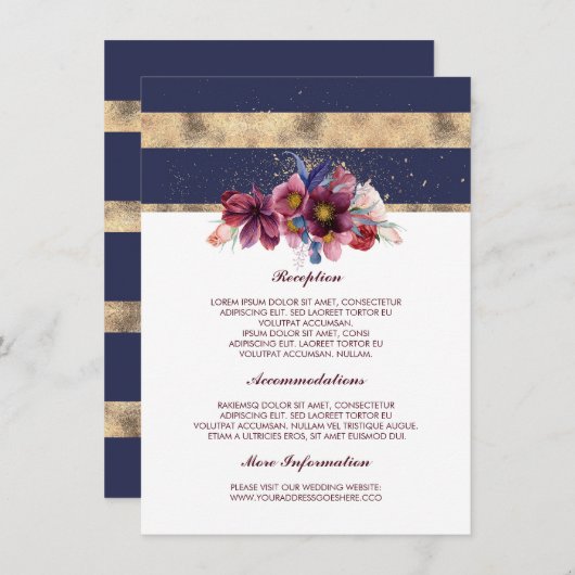 Bourgondische marine en gouden bruiloft informatie informatiekaartje (Voorkant / Achterkant)