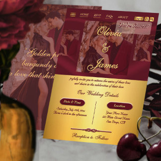Bourgondische Metallic Gouden Overlay Foto Bruilof Kaart