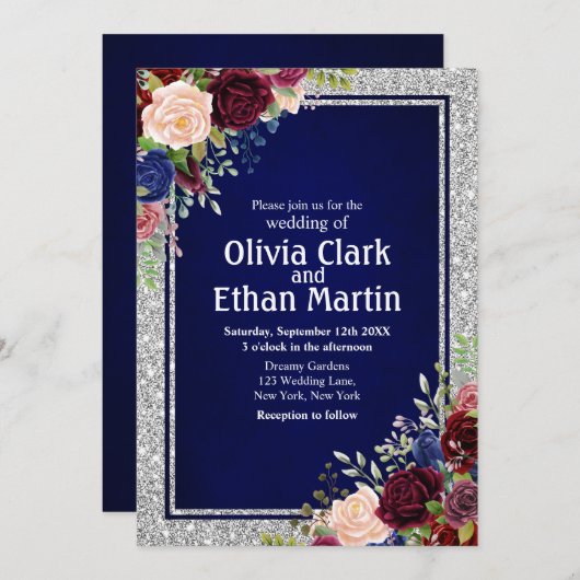 Bourgondische Navy Floral Silver Lijst Kaart (Voorkant / Achterkant)
