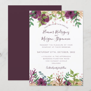 Bourgondische paarse bloemengrens script bruiloft kaart