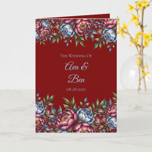 Bourgondische pioen en blauw Roos bruiloft dank u Kaart (Gele Bloem)