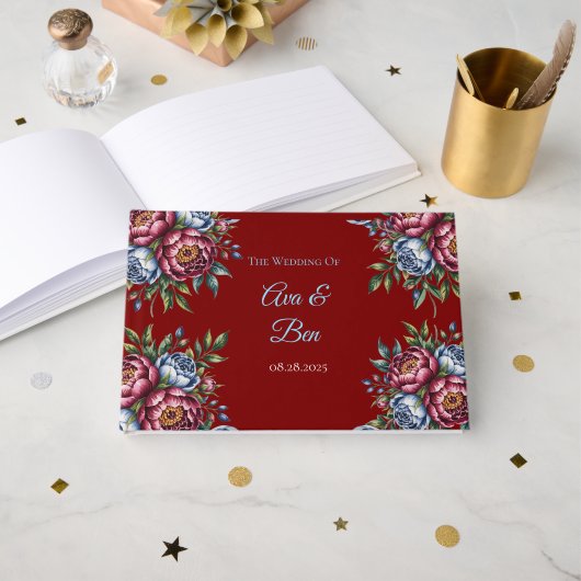 Bourgondische pioen en blauw Roos bruiloft Gastenboek (Voorkant open)