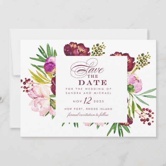 Bourgondische Pioenrozen Bloemige Save the Date Ui Kaart (Voorkant)