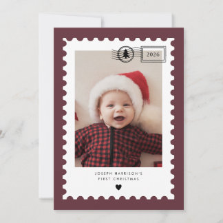 Bourgondische Postzegel Baby's 1e Kerstmis Foto Feestdagenkaart