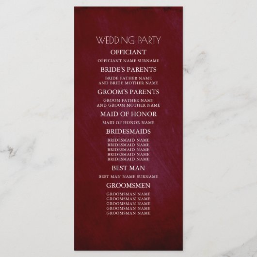 Bourgondische rode en roze bloemenbruiloft program programma (Achterkant)