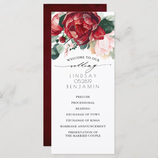Bourgondische rode en roze bloemenbruiloft program programma (Voorkant / Achterkant)