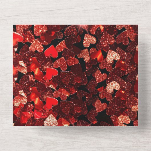 Bourgondische rode glitter harten bruiloft all in one uitnodiging (Achterkant)