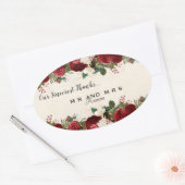 Bourgondische rode rozen en bladeren  dank u ovale sticker (Envelop)