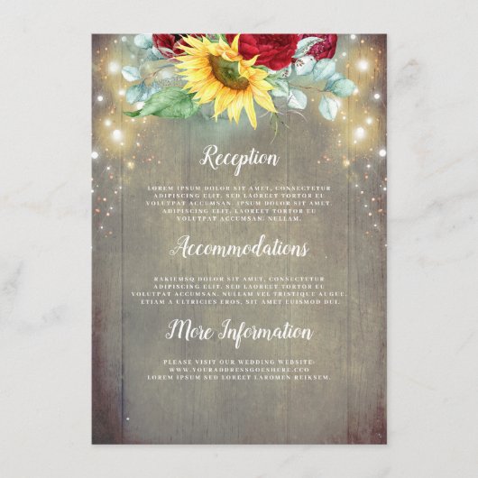 Bourgondische rode rozen en zonnebloem bruiloft de informatiekaartje (Voorkant)
