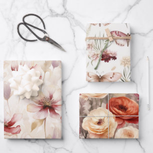 Bourgondische rode witte bloemen vlinders inpakpapier vel
