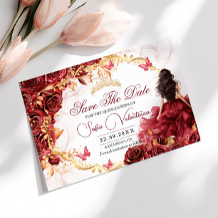 Bourgondische Rood Gouden Bloemige Quinceanera Save The Date