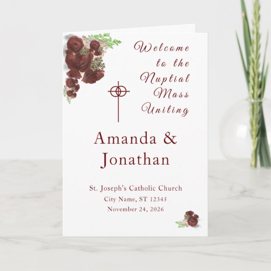 Bourgondische Roos-corsage Nuptial Mass met foto Programma (Voorkant)