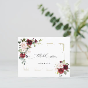 Bourgondische roze bloemen gouden glitters kader t bedankkaart