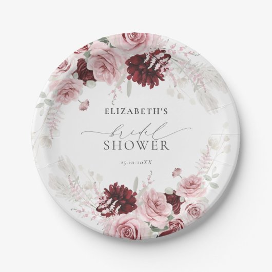 Bourgondische Roze Rozen Bloemrijke Bruidsdouche Papieren Bordje (Voorkant)