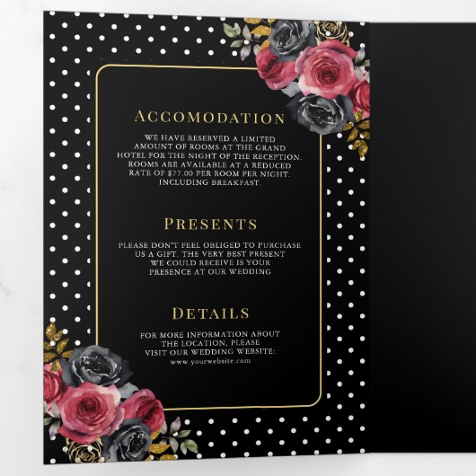 Bourgondische Rozen alles in één zwarte bruiloft Drieluik Uitnodiging (Binnenzijde eerst)