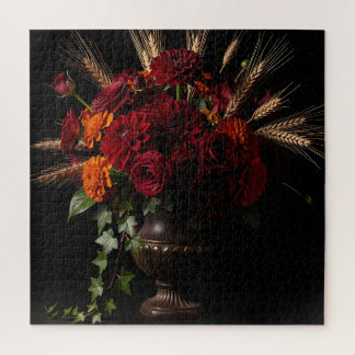 Bourgondische Rozen Dahlia Tarwe Bloemstuk Stillev Legpuzzel