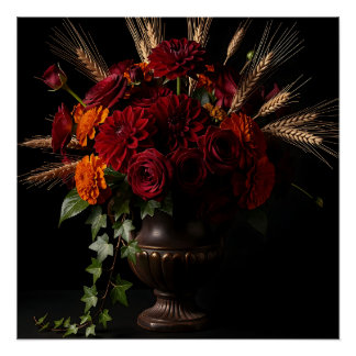 Bourgondische Rozen Dahlia Tarwe Bloemstuk Stillev Perfect Poster