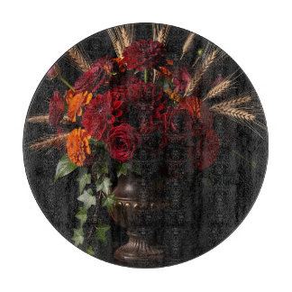 Bourgondische Rozen Dahlia Tarwe Bloemstuk Stillev Snijplank