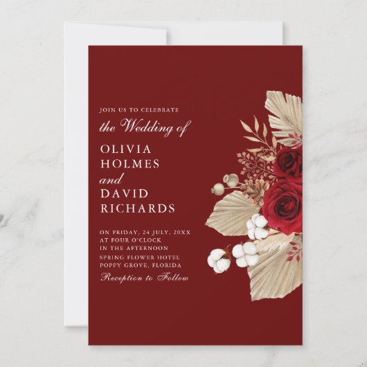 Bourgondische Rozen en Pampas Grass bruiloft uitno Kaart (Voorkant)