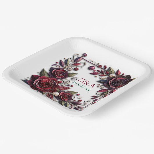 Bourgondische Rozen Floral Monogrammed Papieren Bordje (Gebogen)