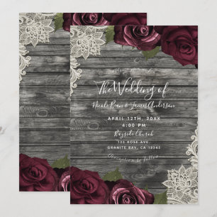 Bourgondische Rozen Grijze Hout Crème Kant Bruilof Kaart