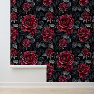 Bourgondische Rozen met zwarte achtergrond Behang