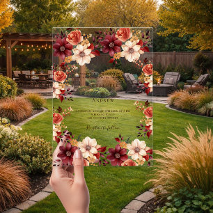 Bourgondische verbrand oranje herfst bloemstuk hel acryl uitnodigingen