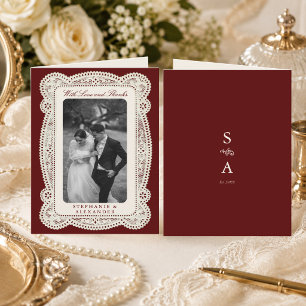 Bourgondische vintage kant oude geld bruiloftsfoto bedankkaart
