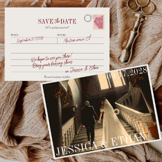 Bourgondische vintage-oud geld-postkaart met foto save the date