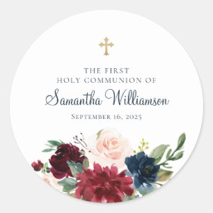 Bourgondische Waterverf Floral First Holy Communio Ronde Sticker