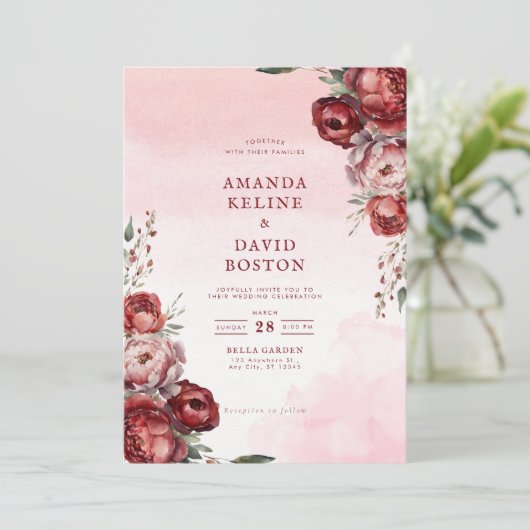 Bourgondische Waterverf Peony bruiloft uitnodiging (Staand voorkant)