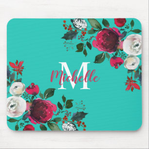 Bourgondische Waterverf Peony Roos Floral Monogram Muismat