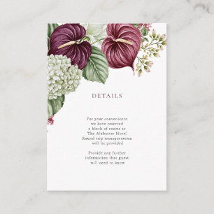 Bourgondische wijn Anthurium en Hydrangea Bruiloft Informatiekaartje