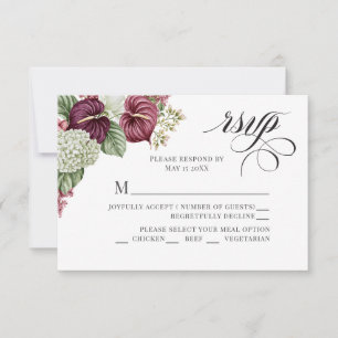 Bourgondische wijn Anthurium en Hydrangea Bruiloft RSVP Kaartje