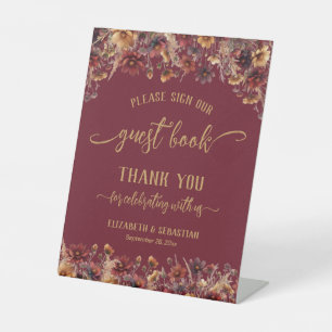 Bourgondische wilde bloemen, teken alstublieft ons reclamebord met voetstuk